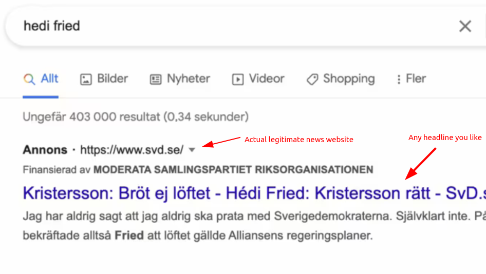 screenshot of search result with spoofed news headline